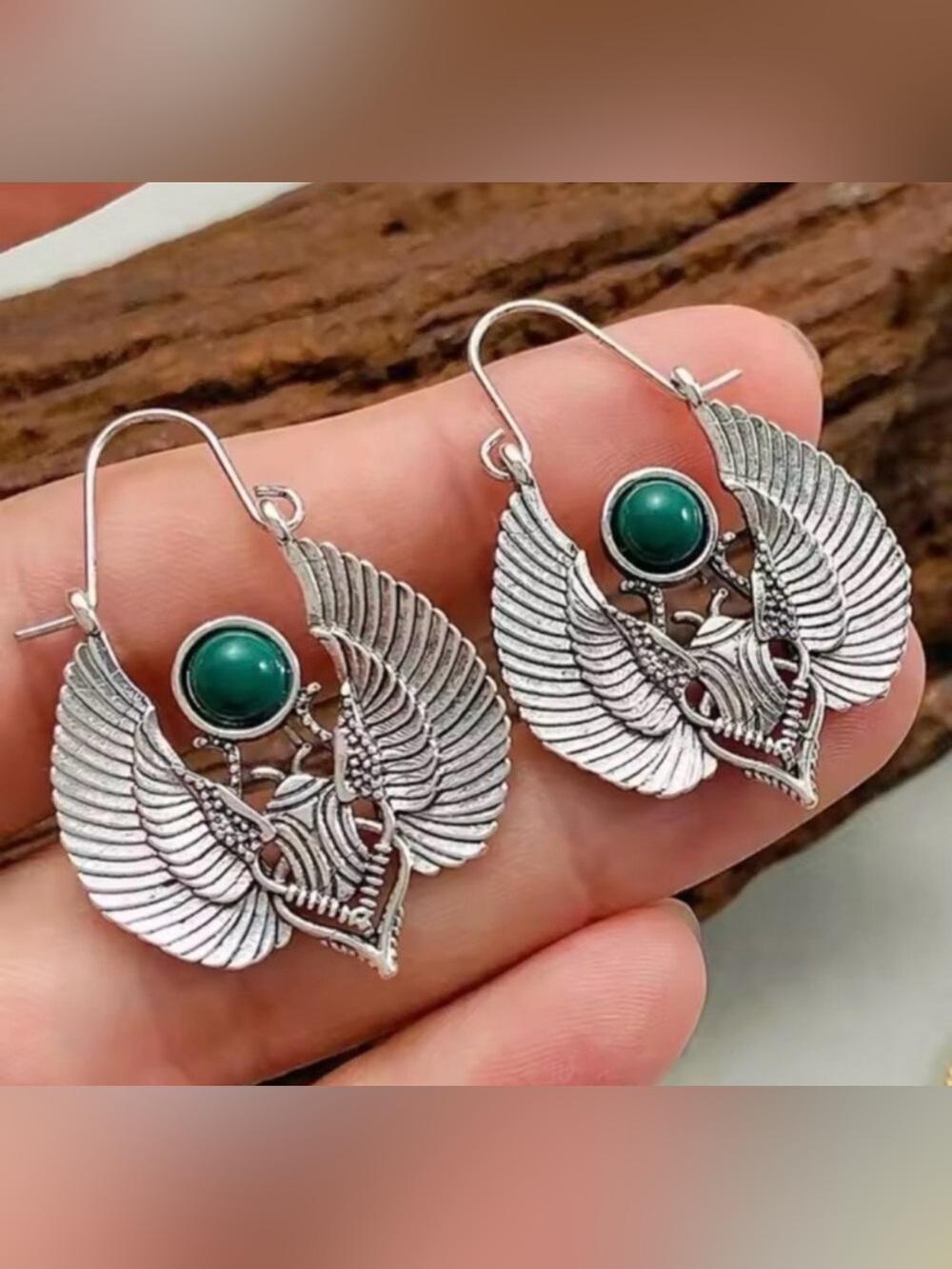 Silver Winged Drop Earrings with Green Stone -  Jewelry - Picture 3 of 9